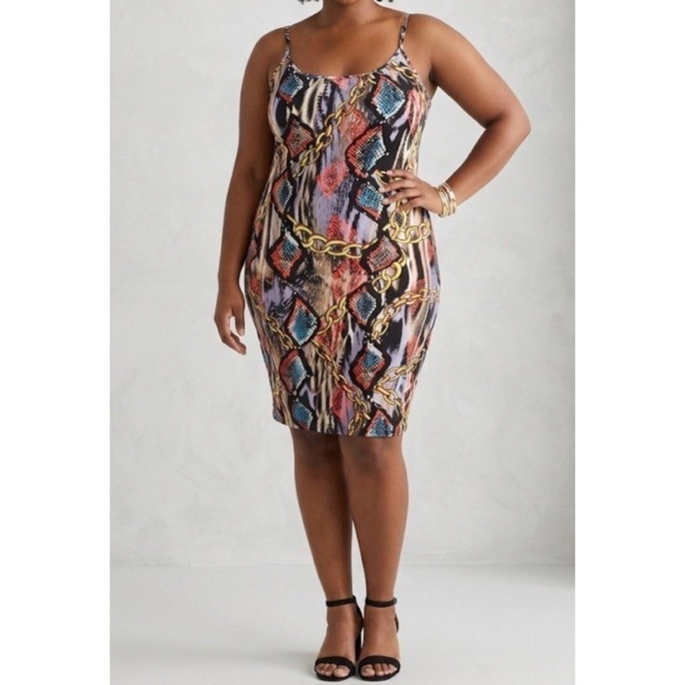 Love J‎ 2X Sleeveless A-Line Dress Chain Print Abstract Stretch Swing Plus Size